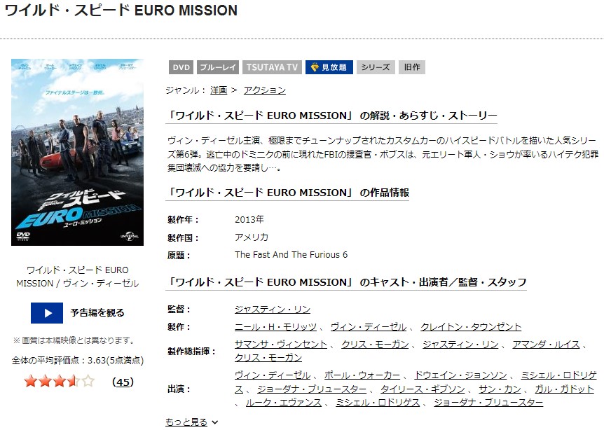 ワイルド・スピード EURO MISSIONTSUTAYA DISCAS