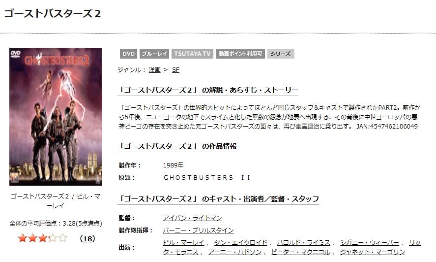 ゴーストバスターズ2TSUTAYA DISCAS