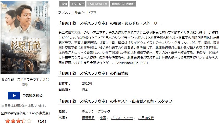 映画 杉原千畝 スギハラチウネの動画をフルで無料視聴できる配信サイトまとめ