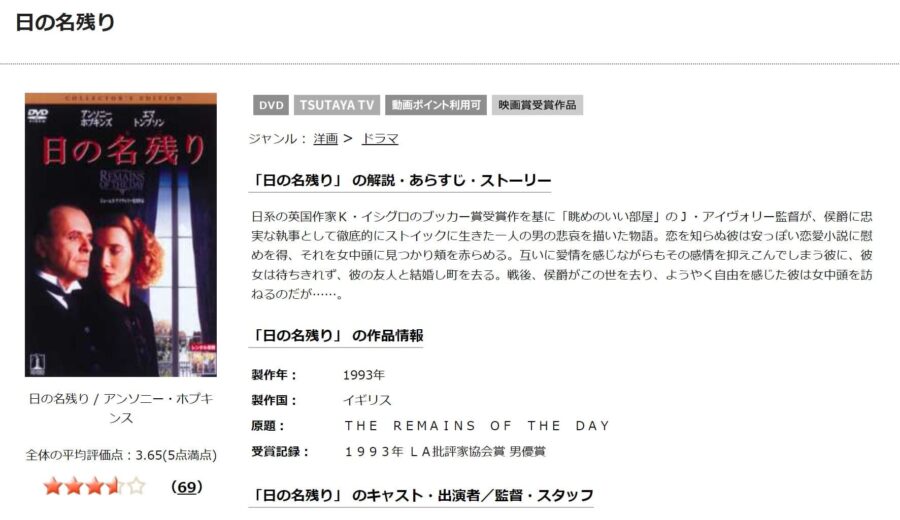 映画 日の名残りの動画を無料で見れる配信サイトまとめ