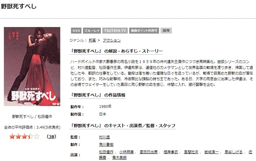 野獣死すべしTSUTAYA DISCAS